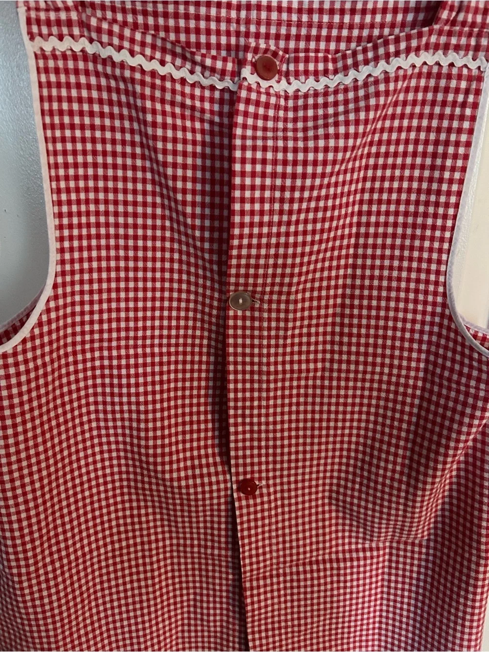 Red Gingham Checkered Apron with Pockets Button Back Closure Handmade Kitchen